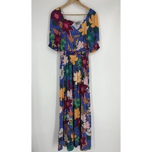 Soft Surroundings Dress Size XS Blue Floral Print Hawaiian Simona Maxi Smocked